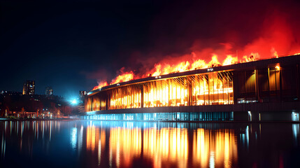 A large modern building ablaze reflected in still water at night