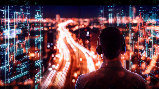A person looking at a data screen and a city at night
