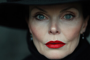 Ageless Woman Portrait, Red Lips, Black Hat, Seamless Background © Mathias