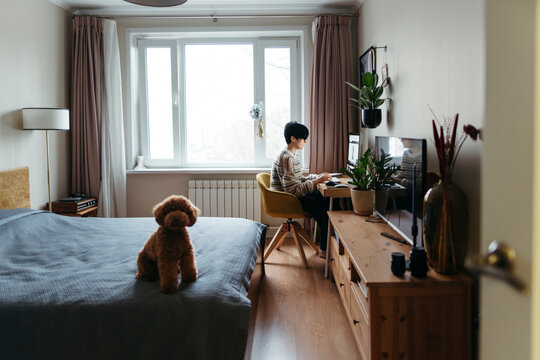 Cozy Workspace in a Sunlit Bedroom During Winter