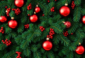 Deep green fir branches interwoven, adorned with glossy red baubles, creating a lush Christmas backdrop, holiday decoration, holiday backdrop