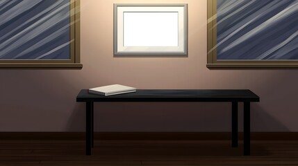 Minimalist Interior Scene Featuring a Simple Black Table with an Empty Frame and Natural Light
