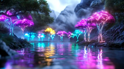 Obraz premium Neon Trees Reflecting in Lake, Fantasy - Fantasy