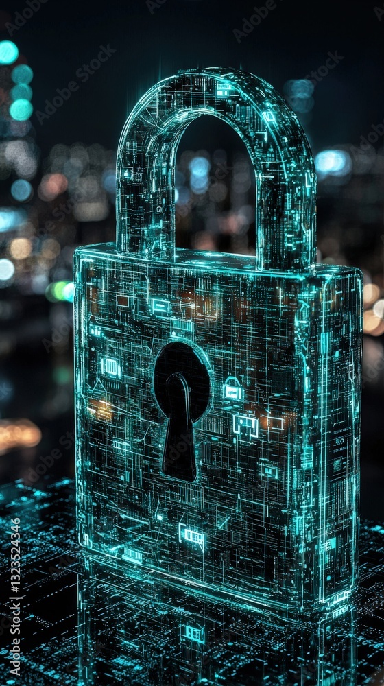 Poster secure padlock resting on laptop keyboard signifying digital security and protection of data