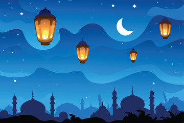 Create an elegant vector illustration of a glowing lantern illuminating a detailed night sky filled with stars and constellations.