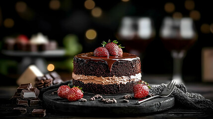 Delicious layered chocolate cake with strawberries and other sweets