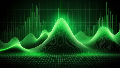 Naklejka premium fluctuating vibrant glowing digital waveforms on a black grid background