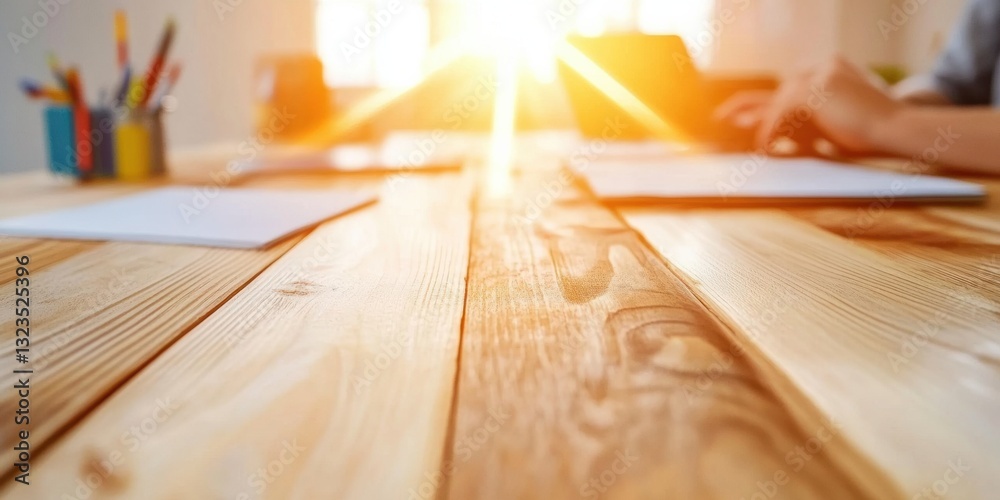 Aufkleber hybrid workspace illumination minimalist wooden desk with soft golden lighting - empowering professi