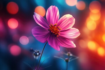Obraz premium Beautiful purple flower on abstract blue and orange background with bokeh. Aesthetic botanical art with romantic, atmospheric feel.
