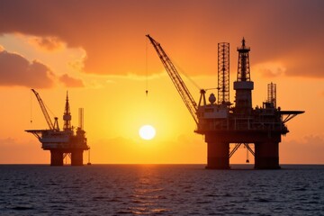 Obraz premium Sunset Over Offshore Oil Rigs: A Scenic View of Two Oil Platforms Silhouetted Against a Vibrant Orange Sky and Glimmering Water, Reflecting the Beauty of Industrial Engineering