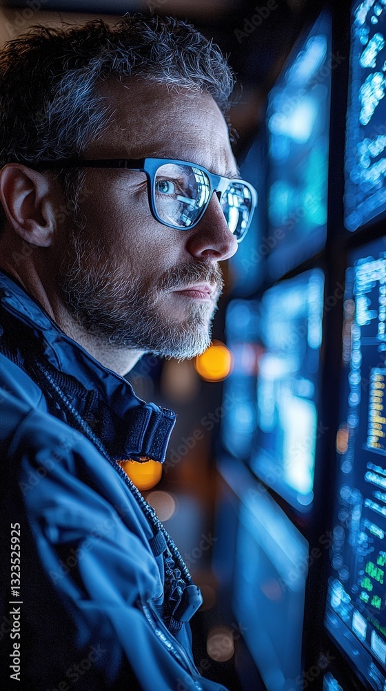 Poster a thoughtful man engaged with his computer screen displaying data and information for work
