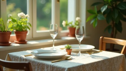 Sunlight illuminates a table setting with elegant tableware, showcasing a serene and inviting atmosphere for a quiet meal.