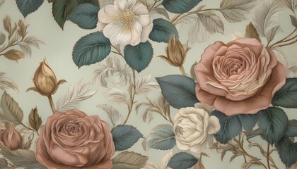 Aged floral wallpaper pattern featuring hand-painted roses and a subtle texture, evoking a vintage, timeless charm.
