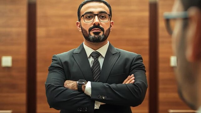 Confident businessman portrait: A focused businessman in a suit, gazing directly at the camera with a composed expression, embodying professionalism and authority.