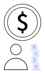 Dollar sign in a circle, stack of blocks spelling RISK, and minimalist human figure. Ideal for finance, investment, banking, risk assessment, decision-making, management abstract line flat metaphor
