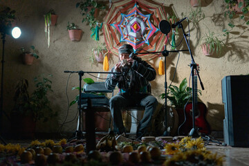 Musician playing prehispanic flute 