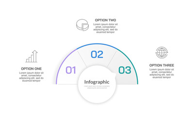 Business visualization infographic semi circle design template with 3 options or steps. Presentation, Report, Banner, and Plan. Vector illustration.	