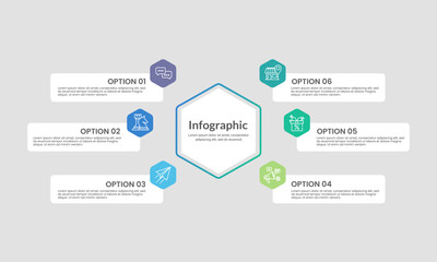 Infographic hexagon with 6 options for business presentation. Plan, Data, Report and Marketing. Vector illustration.