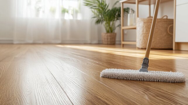 A close-up of a mop cleaning a wooden floor in a bright, modern living room.