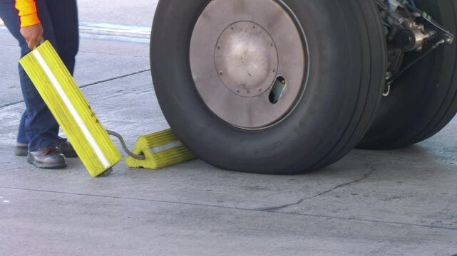 Airplane wheel chocked at airport in 4k slow motion 60fps