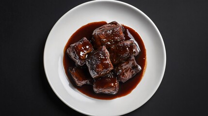 A creative color-contrast shot of adobo, with dark, rich sauce on a pristine white ceramic plate, isolated on a pure black background