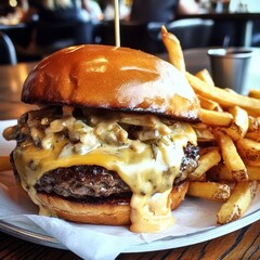 Juicy Cheeseburger with Melted Cheese and Crispy French Fries
