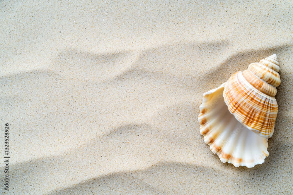 Poster minimalist composition of single seashell resting on smooth sand, evoking sense of tranquility and simplicity. shell intricate patterns contrast beautifully with soft, wavy texture of sand