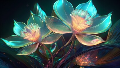 Naklejka premium Holographic Floral Brand Vision. Abstract digital flowers, iridescent sheen. Futuristic 3D concept. Innovative & cutting-edge