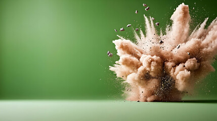 A large cloud of dust and debris explodes on green backdrop