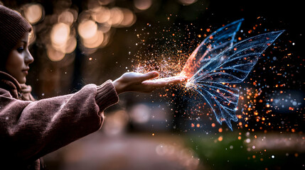 A young person holds sparkling butterfly wings in hand