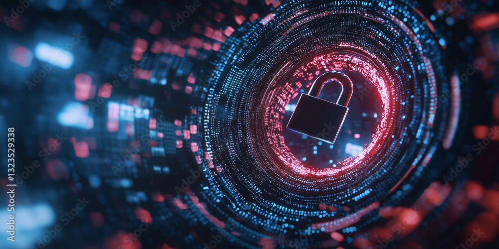 Leinwandbilder glowing lock icon is surrounded by flowing binary code, symbolizing digital security and data protection. vibrant colors and dynamic motion create futuristic and secure atmosphere