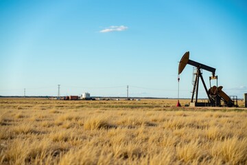 Naklejka premium An Oil Pump Jack Operating in a Vast Open Grassland Under a Clear Blue Sky, Reflecting the Struggles and Progress of the Energy Sector in America