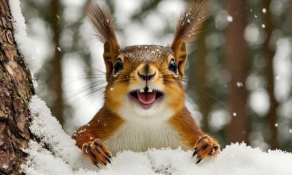 Smiling Squirrel Holding onto Snowy Branch in Winter Forest Scene