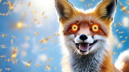 Obraz premium Happy Fox with Fireflies, Magical Nature - Whimsical/Fantasy