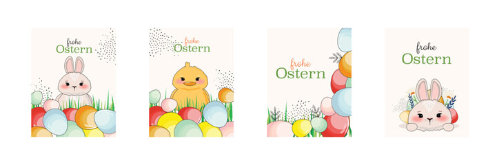 German Easter card collection featuring Frohe Ostern greetings meaning happy easter with festive animals and flora