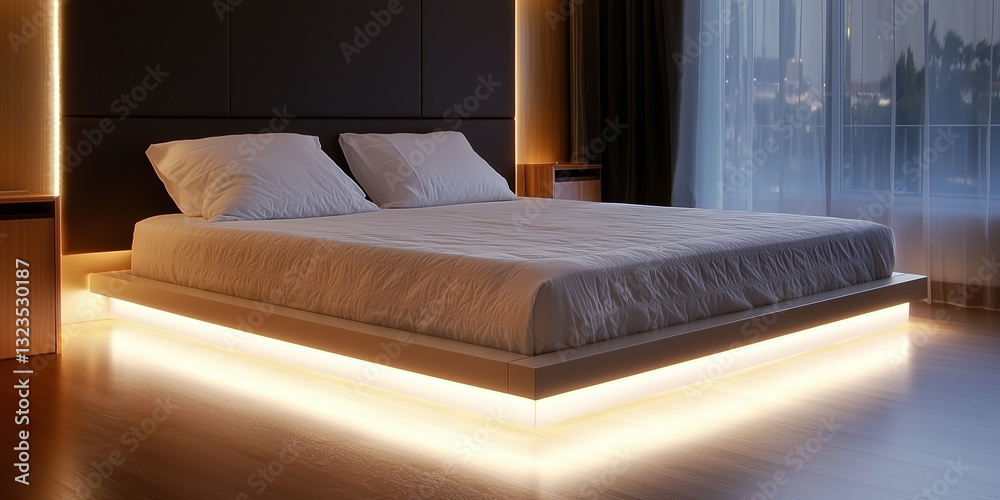 Aufkleber contemporary bedroom features low profile bed with soft lighting, creating serene and modern atmosph