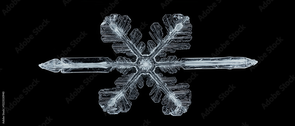 Poster macro shot of snowflake highlights its delicate texture and intricate design against black background, showcasing beauty of nature geometry