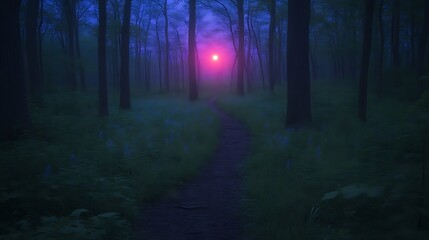 Fototapeta premium Mystical Forest Path at Twilight with a Pink Sun