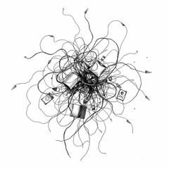 Entangled Digital: A chaotic, high-angle illustration presents a dense tangle of charging cables, electronic devices, and notebooks.