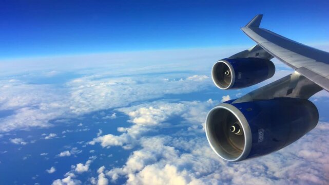 Jet engines flying above the clouds 