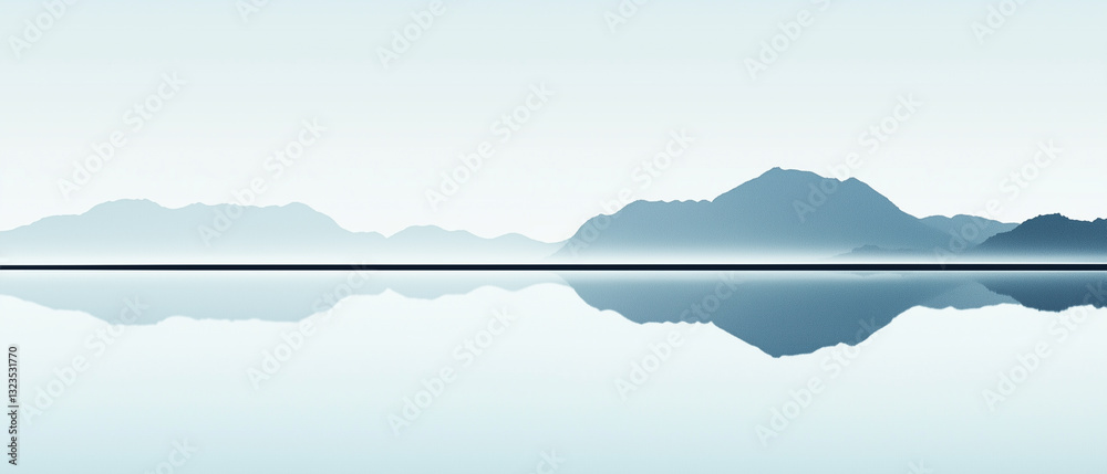 Poster tranquil lake with mirror like surface reflects distant mountains under clear sky, creating serene and peaceful landscape
