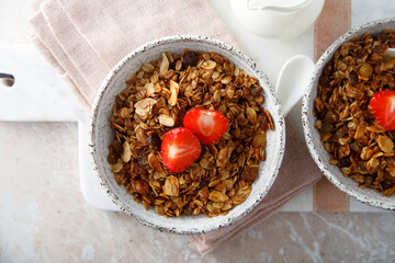 Homemade granola with fresh strawberry
