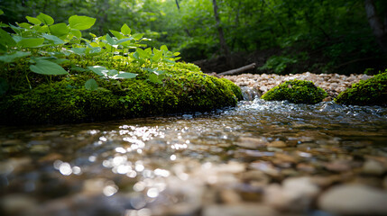 A shallow stream flows gently through the forest landscape