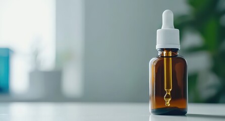 Brown Glass Dropper Bottle with White Cap on Wooden Table