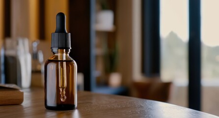 Amber Dropper Bottle on Wooden Table with Soft Natural Lighting