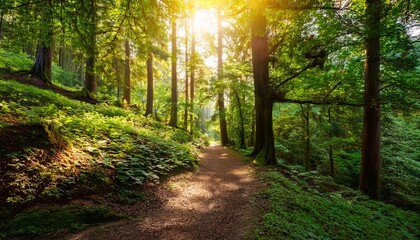 Fototapeta premium a picturesque pathway illuminated by warm sunlight weaving through a vibrant green forest evokes feelings of adventure peace and connection to nature s beauty