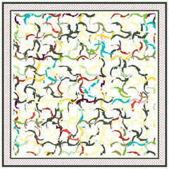 Colorful abstract pattern of swirling shapes on a white background, bordered by a polka dotted frame.