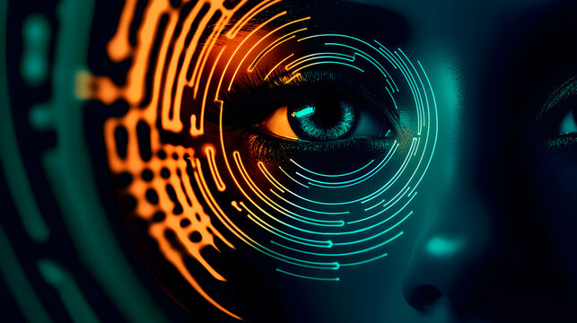 A close up of a human eye with digital technology