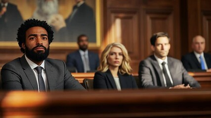 Courtroom Deliberation: A focused and diverse group sits attentively in a richly detailed courtroom setting, conveying an atmosphere of importance and legal proceedings. 
