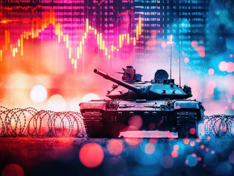 A symbolic representation of military power juxtaposed with financial data and barriers.